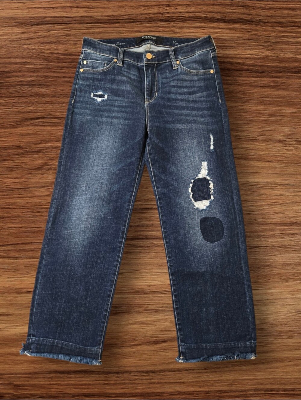 Liverpool Los Angeles The Crop Straight Blue Denim Patched Cropped Jeans